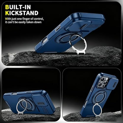 Rugged Shockproof Case for iPhone 17 Pro Max, Heavy Duty Protective Phone Case with Slide Camera Cover, 360° Rotatable Ring Stand & Magnetic Car Mount Compatible (Blue,iPhone 17 Pro Max) - color: Blue
