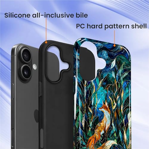 Case Compatible with iPhone 16 Plus, Cute Dual Layer Hybrid Phone Cover, Military Grade Drop Protection, Aesthetic Shockproof Phone Case for Women Girls, Woodland Fox Stained Glass - color: Woodland Fox Stained Glass, size: Iphone 16 Plus