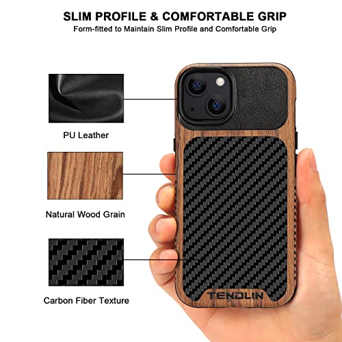 TENDLIN Compatible with iPhone 13 Case Wood Grain with Carbon Fiber Texture Design Leather Hybrid Case Compatible for iPhone 13 6.1-inch Released in 2021 Black - color: Black