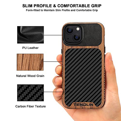 TENDLIN Compatible with iPhone 13 Case Wood Grain with Carbon Fiber Texture Design Leather Hybrid Case Compatible for iPhone 13 6.1-inch Released in 2021 Black - color: Black