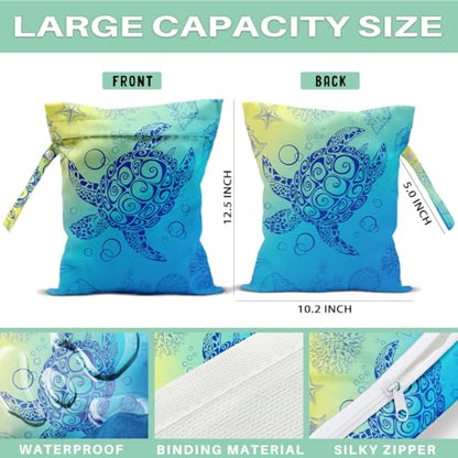 2-Pack Reusable Waterproof Wet Bags, Sea Turtle & Ocean Pattern Wet Dry Bag, Leak Proof Storage Pouch for Swimsuit Baby Clothes Travel Diaper Bag - color: Turtle1