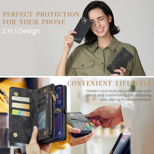 Compatible with iPhone 15 Wallet Case with Magsafe,Black | Magnetic Detachable Case,Card Holder,Zipper Pocket,Strap Wristlet, Soft Leather Drop-Proof Phone Case for iPhone 15 6.1" - color: Black, size: iPhone 15 6.1"