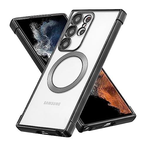 RALEAVO Magnetic Case for Samsung Galaxy S22 Ultra Clear Case Cover [Compatible with Magsafe & Military Grade Drop Protection] Transparent Shockproof Slim Plated Phone Case - Black - color: Black, size: S22 Ultra