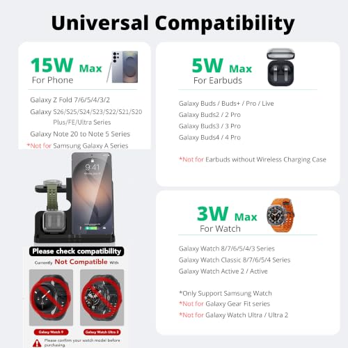 Wireless Charger for Samsung Charging Station, 3-in-1 Fast Charging Station for Samsung S26-S10/Note/Z Fold Flip8, Simultaneously Charges Galaxy Watch 8-1 & Buds – Not for Watch 9/Ultra2