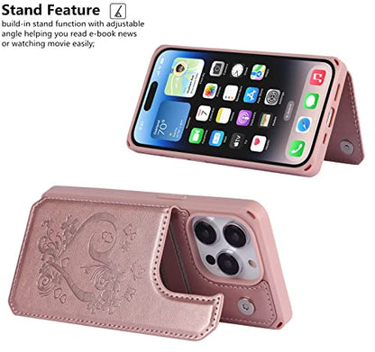 iCoverCase Compatible with iPhone 14 Pro Wallet Phone Case with Card Holder for Women, RFID Blocking Embossed PU Leather Wrist Strap Case 6.1 Inch (Heart Rose Gold) - color: H-Rose Gold
