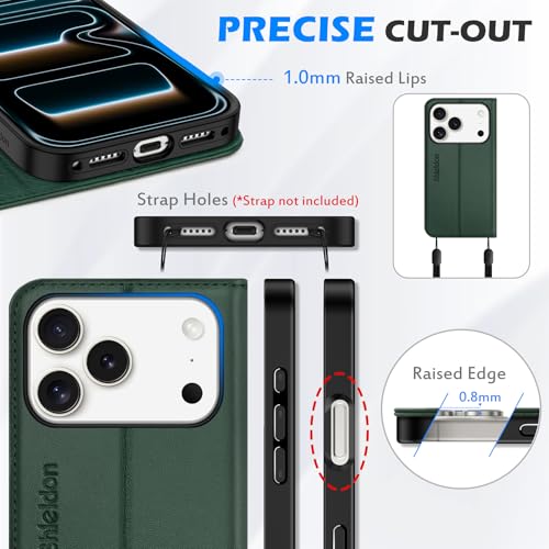 SHIELDON Genuine Leather Wallet Case for iPhone 17 Pro 6.3" 2025, Evergreen | RFID Blocking, Credit Card Holder, Magnetic Closure, Kickstand, Folio Design, Full Protection, Shockproof Phone Cover - color: Evergreen