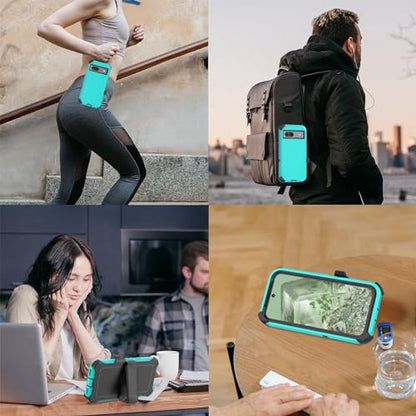 Compatible with Google Pixel 8A Case, with Belt Clip Holster Heavy Duty Rugged Shockproof Full Body Protection Kickstand Phone case for Google Pixel 8A 5G (Teal+ Black) - color: Teal+ Black