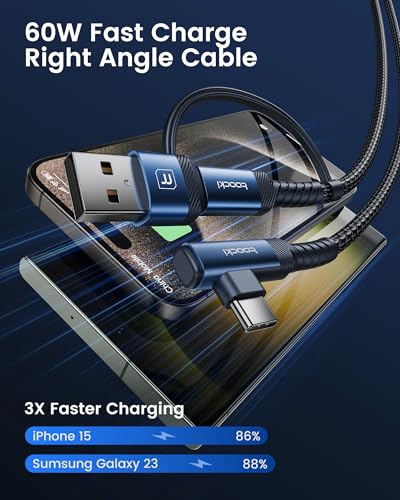 60W USB C Cable, Right Angle Type C Fast Charging Cable, 6.6FT 2-Pack - size: 6.6FT+6.6FT