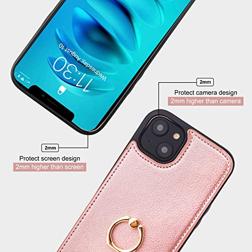 Folosu Compatible with iPhone 14 Plus Case Wallet with Card Holder, 360°Rotation Finger Ring Holder Kickstand, RFID Blocking Leather Protective Double Buttons Shockproof Cover 6.7 Inch Rose Gold - color: Rose Gold, size: iPhone 14 Plus