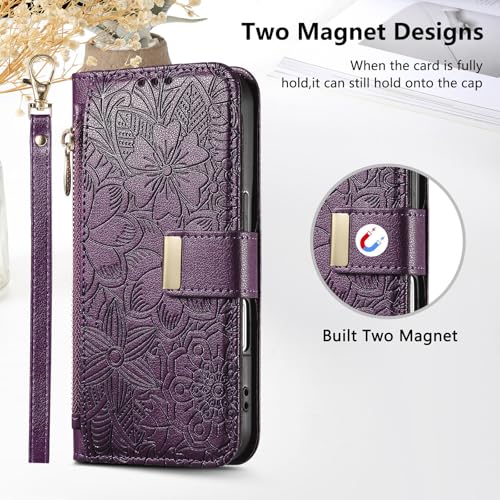 for iPhone 17 Pro Phone Case Wallet, Purple | Built-in Card Holder (8-10 Cards), Zipper Pocket, Wrist Strap, Stand Kickstand, Flower PU Leather Protective Phone Case Women - color: Purple, size: iPhone 17 Pro