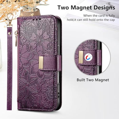 for iPhone 17 Pro Phone Case Wallet, Purple | Built-in Card Holder (8-10 Cards), Zipper Pocket, Wrist Strap, Stand Kickstand, Flower PU Leather Protective Phone Case Women - color: Purple, size: iPhone 17 Pro