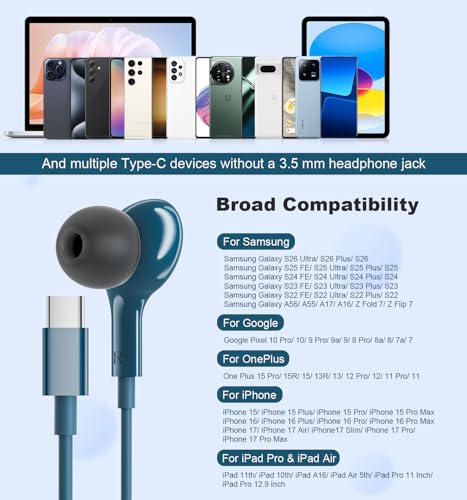 USB C Headphones for iPhone 15 Plus 16 Pro 17 Pro Max Pixel Redmi Magnetic - color: Blue