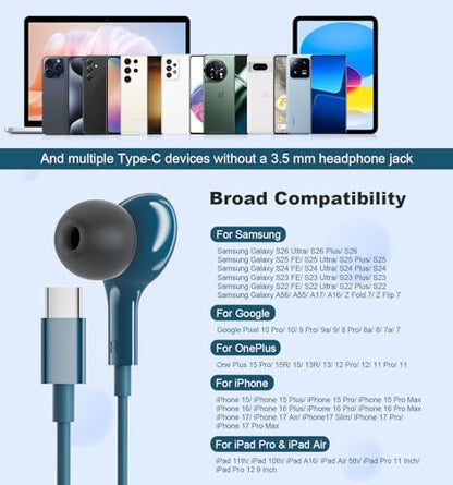 USB C Headphones for iPhone 15 Plus 16 Pro 17 Pro Max Pixel Redmi Magnetic - color: Blue
