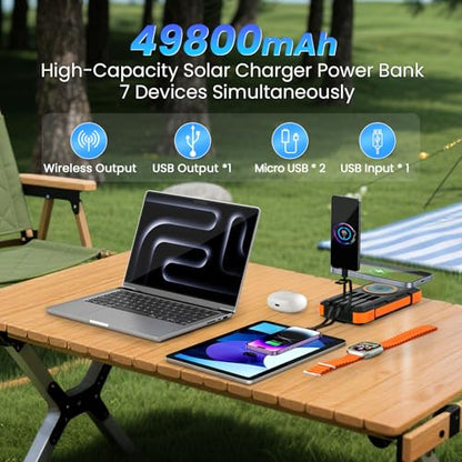 Solar Power Bank 49800mAh - Wireless Portable Charger 15W Fast Charging with 4 Built-in Cables. Equipped with a Powerful Flashlight, IP65 Outdoor Waterproof Power Bank Perfect for Camping, Hiking