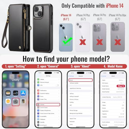 Defencase for iPhone 14 Phone Case Wallet Compatible with Magsafe, Black | Magnetic Detachable, Drop-Proof Protective Wallet Cases Cover, with RFID Bolcking Card Holder, Zipper Strap, Soft PU Leather - color: (Detachable with Magsafe)-Black