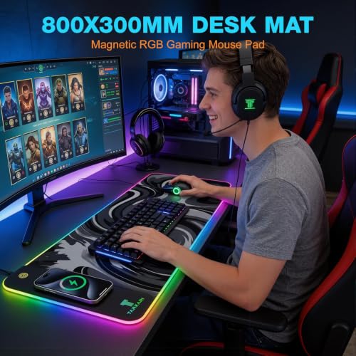 TARKARI 15W Magnetic Wireless Charging RGB Mouse Pad, 800x300mm Ink Splash - color: Black Grey
