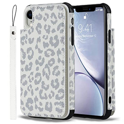 iCoverCase Compatible with iPhone XR Wallet Case with Card Holder and Wrist Strap, RFID Blocking Card Slots PU Leather Kickstand Protective Phone Case (Gray Leopard)