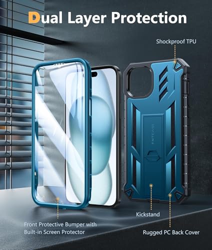 FNTCASE for iPhone 15 Plus Case, Built-in Screen Protector, Kickstand Blue | Military-Grade Drop Protection, Anti-Slip Matte Textured, Rugged Heavy Duty Shockproof TPU Protective Cover - color: Blue