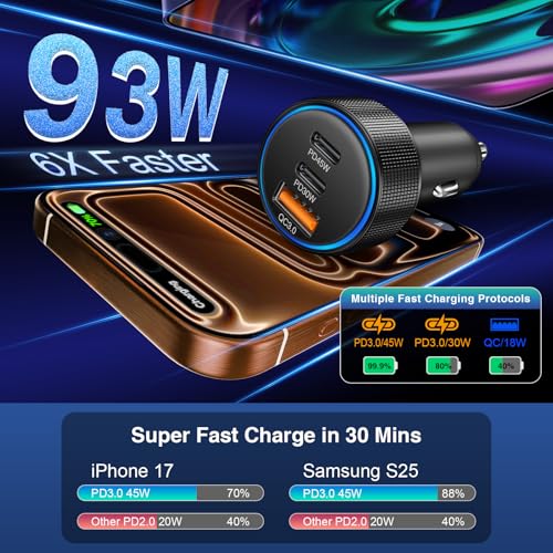 2-Pack Car Charger,93W 3 Ports Fast PD/QC 3.0 Cigarette Lighter Adapter - color: 2-Pack Black