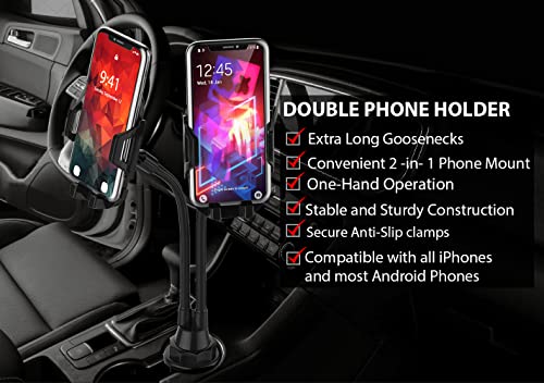 Double Phone Holder for Car Cup Holder – Extra Long and Flexible Neck, 360° Rotatable Cradle Car Phone Mount - Adjustable Cell Cup Holder, Universal Size Fits 2 iPhone, Samsung, GPS - style: Extended - Cradle Holders