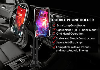 Double Phone Holder for Car Cup Holder – Extra Long and Flexible Neck, 360° Rotatable Cradle Car Phone Mount - Adjustable Cell Cup Holder, Universal Size Fits 2 iPhone, Samsung, GPS - style: Extended - Cradle Holders