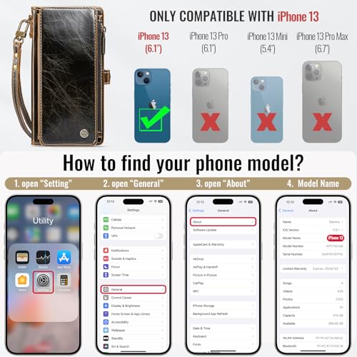 Defencase for iPhone 13 Wallet Case with RFID Blocking Card Holder, Coffee | Durable Soft PU Leather, with Zipper Pocket, Wrist Strap, Fashion Snap Flip Phone Cases Cover with Stand for Women and Men - color: Coffee