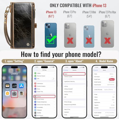 Defencase for iPhone 13 Wallet Case with RFID Blocking Card Holder, Coffee | Durable Soft PU Leather, with Zipper Pocket, Wrist Strap, Fashion Snap Flip Phone Cases Cover with Stand for Women and Men - color: Coffee