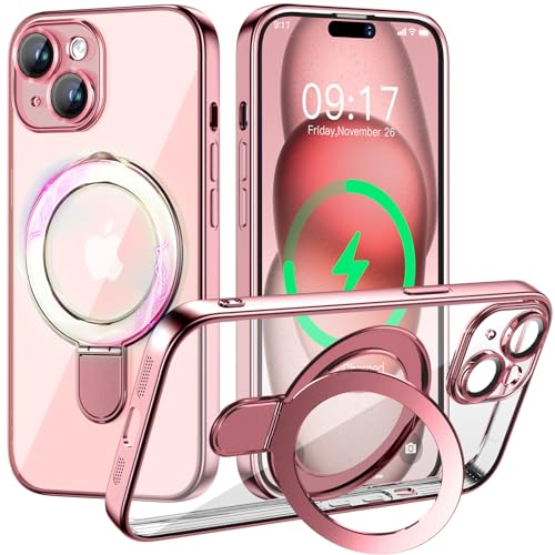 Magnetic for iPhone 15 Case with Invisible Stand[Compatible with MagSafe][Full Camera Lens Protector][Military Drop Protection] Shockproof Not Yellowing Clear Slim Soft for Women Men, Pink - color: Pink, size: iPhone 15