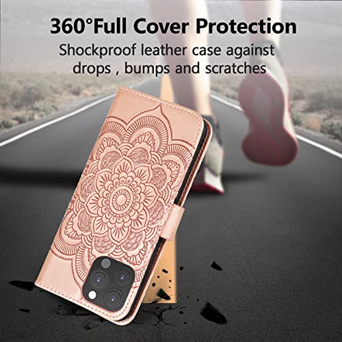 EYZUTAK Case for iPhone 13 Pro Max, Premium PU Leather Magnetic Flip Wallet Case with Card Holder Cash Slot Lanyard Strap Kickstand Function Embossed Mandala Flower Pattern Shockproof Cover-Rose Gold - color: Rose Gold, size: iPhone 13 Pro Max