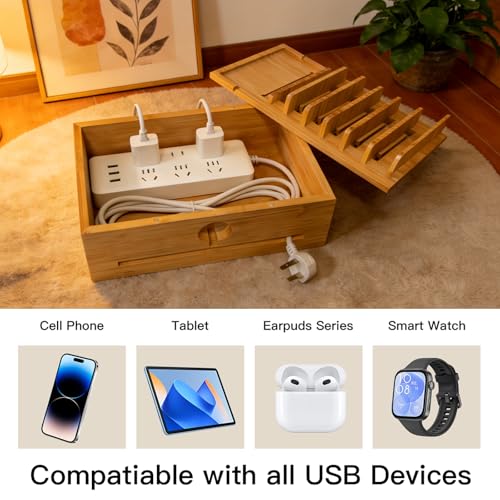 Bamboo Charging Station Organizer for Multiple Devices with 5 Cables
