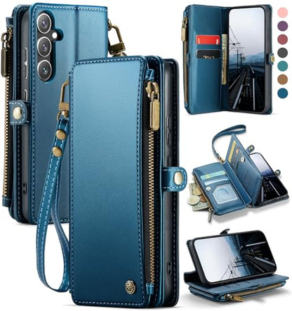 Defencase for Samsung Galaxy S24 Wallet Case with RFID Card Holder, Blue | Durable Soft PU Leather, with Zipper Pocket, Wrist Strap, Fashion Snap Flip S24 Phone Cases Cover with Stand for Women Men - color: Ocean Blue