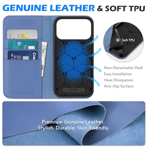 SHIELDON Real Leather Case Wallet for iPhone 17 Pro Max, Wisteria Purple | Folio Magnetic Closure, RFID Blocking, Credit Card Holder, Kickstand, Shock Absorbing Protective Cover for Men Women - color: Wisteria Purple