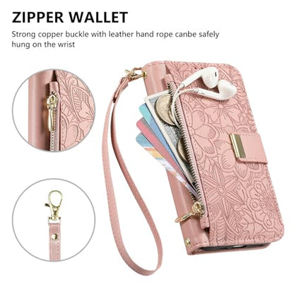 for iPhone 17 Phone Case Wallet, Pink | Built-in Card Holder (8-10 Cards), Zipper Pocket, Wrist Strap, Stand Kickstand, Flower PU Leather Protective Phone Case Women - color: Pink, size: iPhone 17