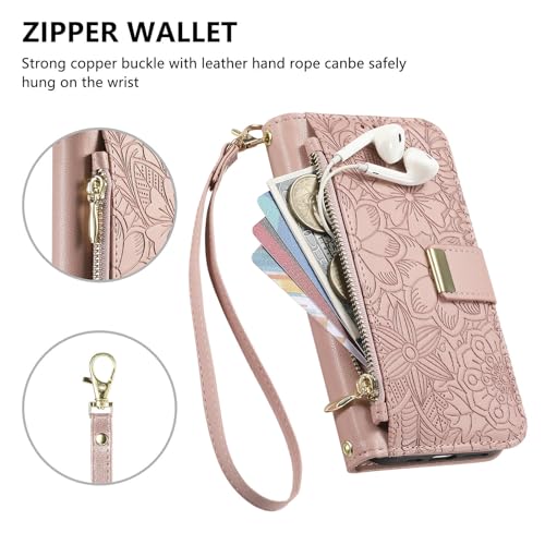 for iPhone 17 Pro Phone Case Wallet, Pink | Built-in Card Holder (8-10 Cards), Zipper Pocket, Wrist Strap, Stand Kickstand, Flower PU Leather Protective Phone Case Women - color: Pink, size: iPhone 17 Pro