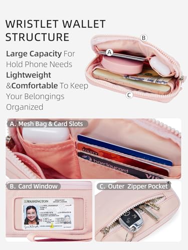 WESTBRONCO Wristlet Wallets for Women – RFID Blocking Quilted Nylon Phone Wallet, Card Holder Purse for Travel & Everyday Use - color: Pink