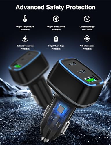 75W USB C Car Charger, 3-Port Super Fast Charging Cigarette Lighte - color: Black