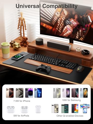 Magnetic Wireless Charging Mouse Pad, 31.5"x15.8" Large Desk Mat - color: Black-31.5"x15.8"-Mag