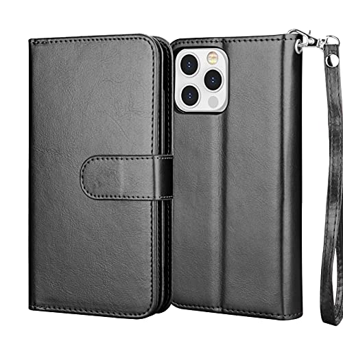 NJJEX Compatible with iPhone 13 Mini Case/iPhone 13 Mini Wallet Case 5.4" (2021), [9 Card Slots] PU Leather Credit Holder Folio Flip [Detachable] Kickstand Magnetic Phone Cover & Lanyard [Black] | PU leather, ID Credit Card Holder, detachable folio flip,