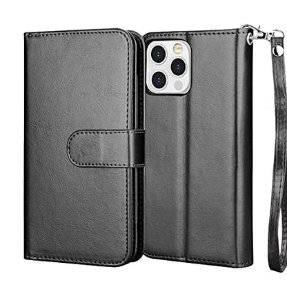 NJJEX Compatible with iPhone 13 Mini Case/iPhone 13 Mini Wallet Case 5.4" (2021), [9 Card Slots] PU Leather Credit Holder Folio Flip [Detachable] Kickstand Magnetic Phone Cover & Lanyard [Black] | PU leather, ID Credit Card Holder, detachable folio flip,