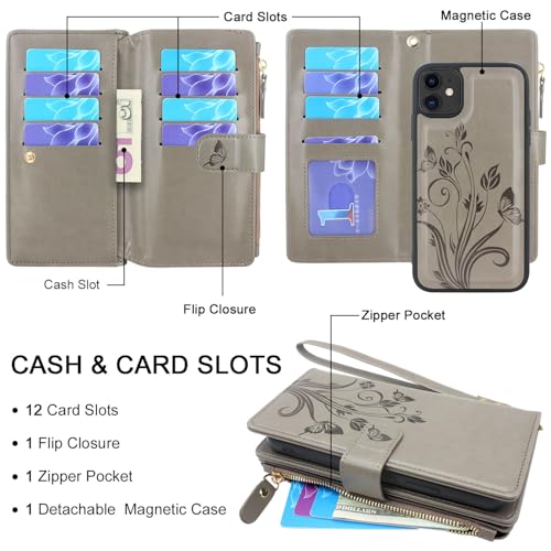 Case Wallet Compatible with iPhone 16e/17e, [12 Card Slots] ID Credit Cash Holder Zipper Pocket Detachable Leather Wallet Cover with Wrist Strap Lanyard（Floral Gray） - color: Floral Gray