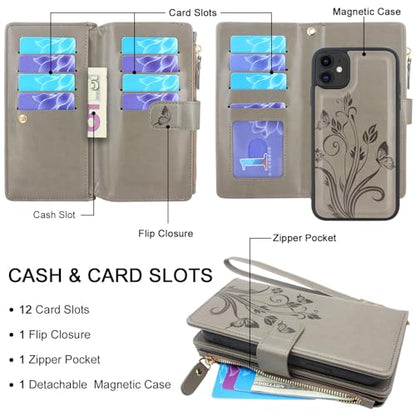 Case Wallet Compatible with iPhone 16e/17e, [12 Card Slots] ID Credit Cash Holder Zipper Pocket Detachable Leather Wallet Cover with Wrist Strap Lanyard（Floral Gray） - color: Floral Gray