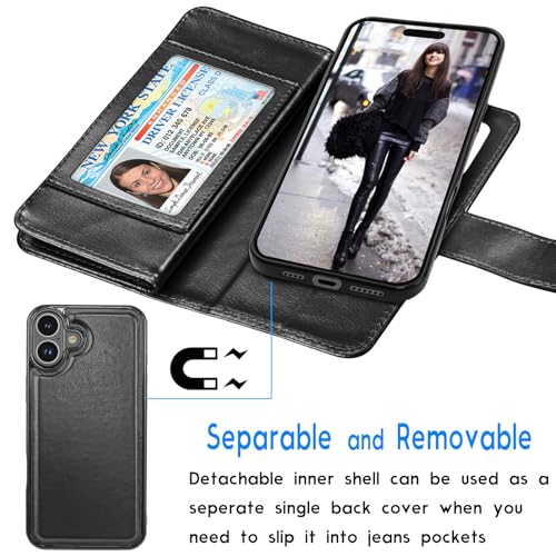 Tekcoo Wallet Case Compatible with iPhone 16 (6.1 inch) 2024 Luxury ID Cash Credit Card Slots Holder Carrying Pouch Folio Flip PU Leather Cover [Detachable Magnetic Hard Case] with Strap [Black] - color: Black, size: 16