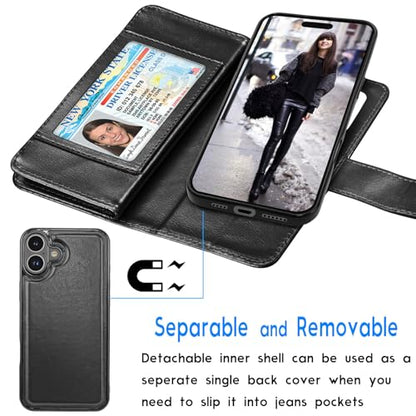 Tekcoo Wallet Case Compatible with iPhone 16 Plus (6.7 inch) 2024 Luxury ID Cash Credit Card Slots Holder Carrying Pouch Folio Flip PU Leather Cover [Detachable Magnetic Hard Case] with Strap [Black] - color: Black, size: 16 Plus