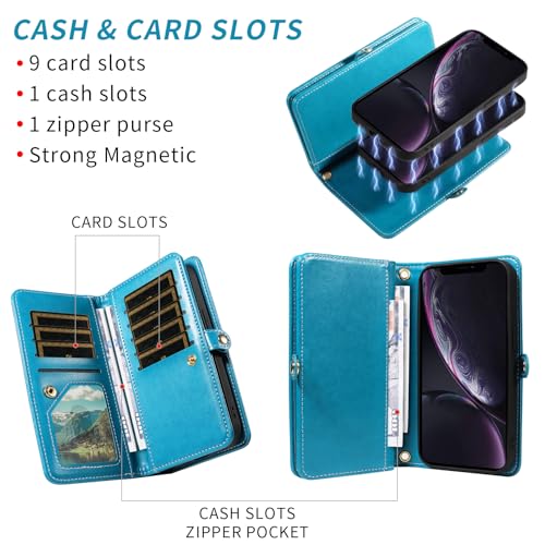 Asuwish Phone Case for iPhone XR 6.1 Zipper Wallet Magnetic Cell Cover with Tempered Glass Screen Protector Strap Flower Card Holder iPhoneXR iPhone10R i Phonex 10XR 10R RX CR iPhoneXRcases Women Blue - color: Blue