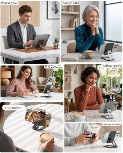 Adjustable Foldable Phone Stand for Desk, Premium Aluminum Cell Phone Holder, Portable Multi-Angle Desktop Stand Compatible with iPhone, Galaxy, iPad, Tablets & All Smartphones
