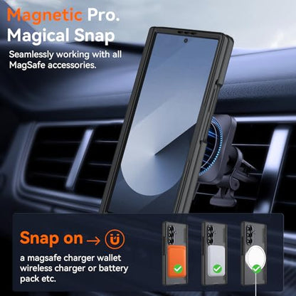 Upgraded 360° Spin Magnetic Invisible Ring Stand for Samsung Galaxy Z Fold 6 Case,[Compatible with MagSafe][S Pen Holder][Hinge Protection][Screen Protector],Shockproof Full Body Phone Cover (Black) - color: Black