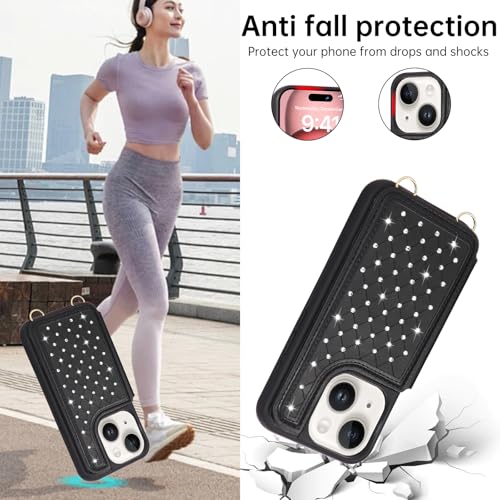 Crossbody Wallet Case for iPhone 11(6.1") with Detachable Strap - PU Leather Flip Folio with Card Slots & RFID Blocking, Sparkling Diamond Accents-Black - color: Black, size: iPhone 11(6.1")