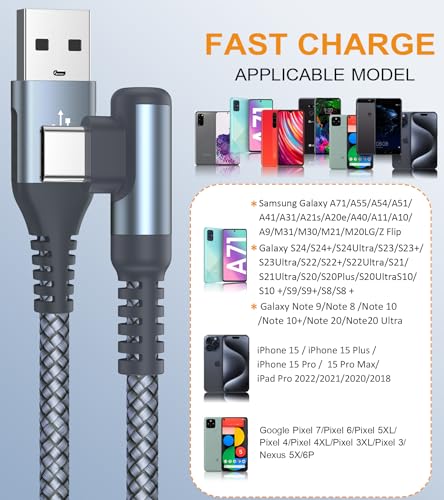 USB to USB C Cable Right Angle 3.1A Fast Charging Carplay 2-Pack 5ft Grey - color: grey, size: 5ft+5ft