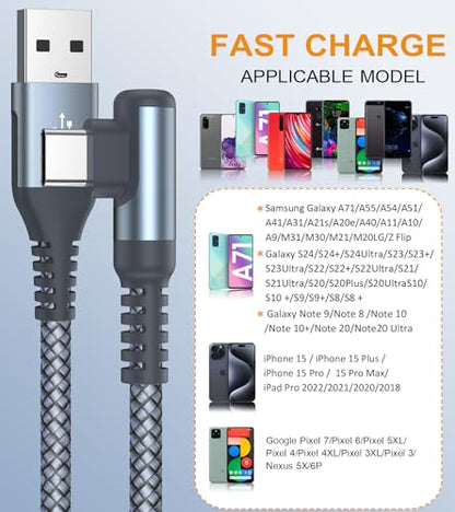 USB to USB C Cable Right Angle 3.1A Fast Charging Carplay 2-Pack 5ft Grey - color: grey, size: 5ft+5ft