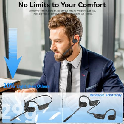 MONODEAL Open Ear Headphones with Mic, Lightweight Bluetooth 5.4 Headset with Microphone Noise Cancelling Mute Button, Wireless Headset Earphones for Work, Driving, Home Office, Workouts - color: Black